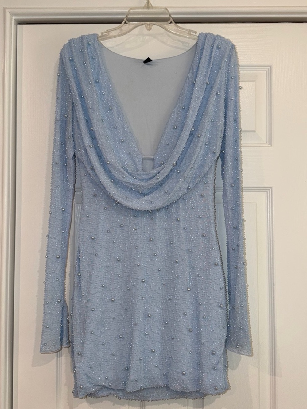 Windsor Light Blue Beaded Cowl Neck Long Sleeve Formal Dress
